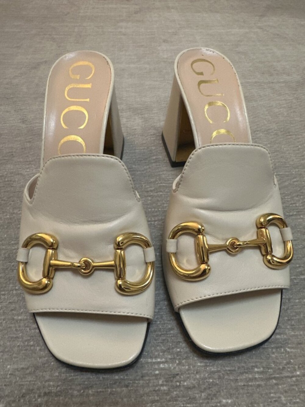 Gucci Horsebit Leather Block Heel Slide Mule Sandals Ivory Size 37